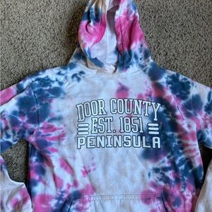 Door County Peninsula Wisconsin Tipsy Tie Dye Hoodie Sweatshirt Blue Pink YXL